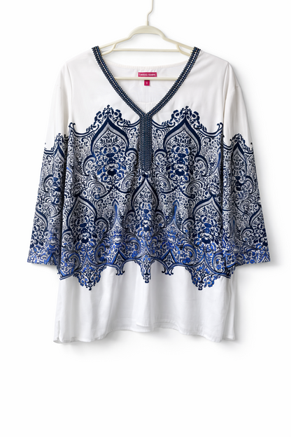 🌿 Emme Tunic Top Blouse White Blue Plus Size XL 22-24 Beaded V-Neck Lightweight