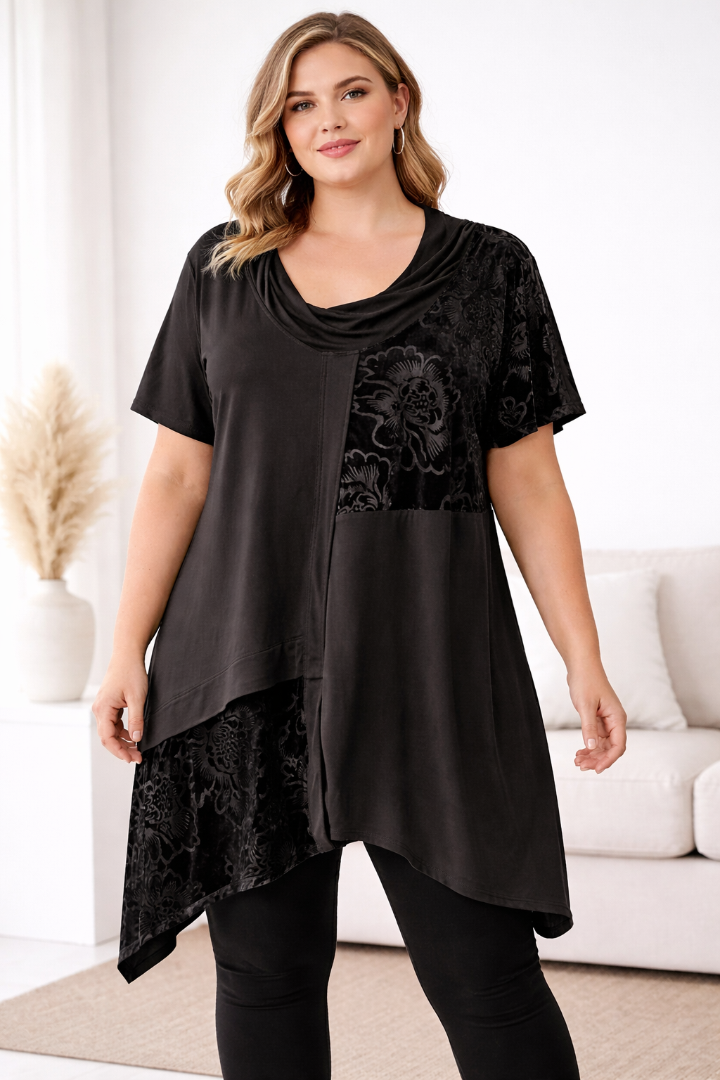 🖤 Taking Shape Black Velvet Panel Tunic Top Plus Size M 18-20 Asymmetric Hem 🖤