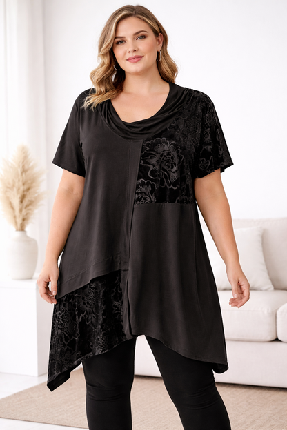 🖤 Taking Shape Black Velvet Panel Tunic Top Plus Size M 18-20 Asymmetric Hem 🖤
