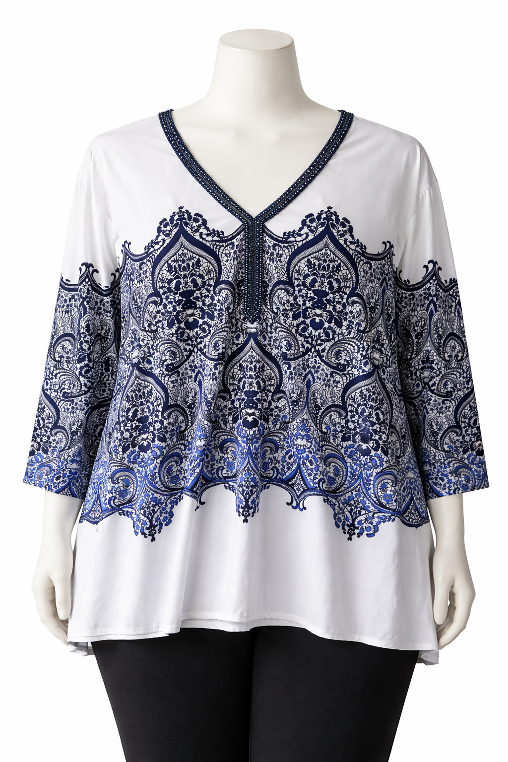 🌿 Emme Tunic Top Blouse White Blue Plus Size XL 22-24 Beaded V-Neck Lightweight