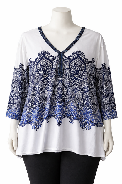 🌿 Emme Tunic Top Blouse White Blue Plus Size XL 22-24 Beaded V-Neck Lightweight