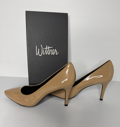 Wittner Minka Stiletto Taupe Patent 39 (AU8.5) as new perfect condition RRP $180