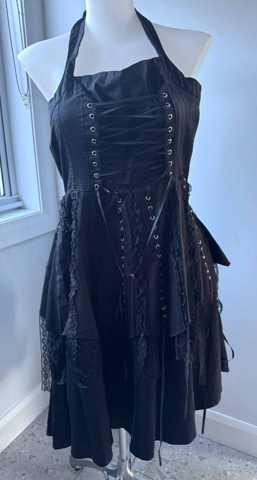 Hearts & Roses London Black Gothic Tiered Halter Dress 14 As New