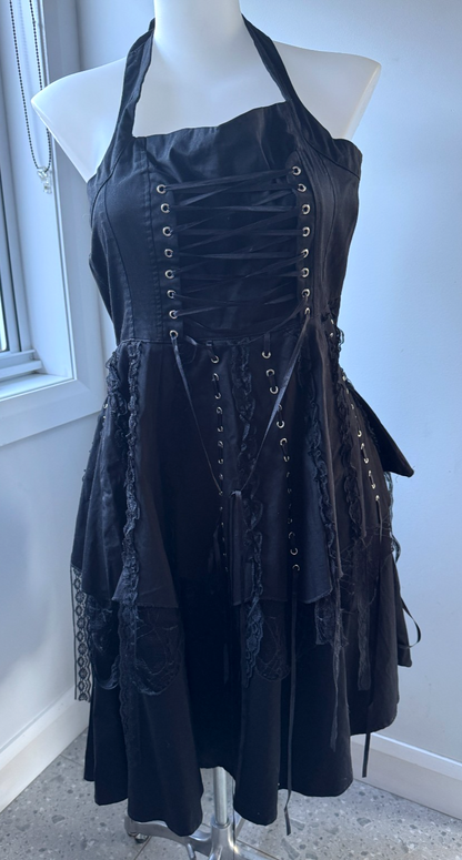 Hearts & Roses London Black Gothic Tiered Halter Dress 14 As New