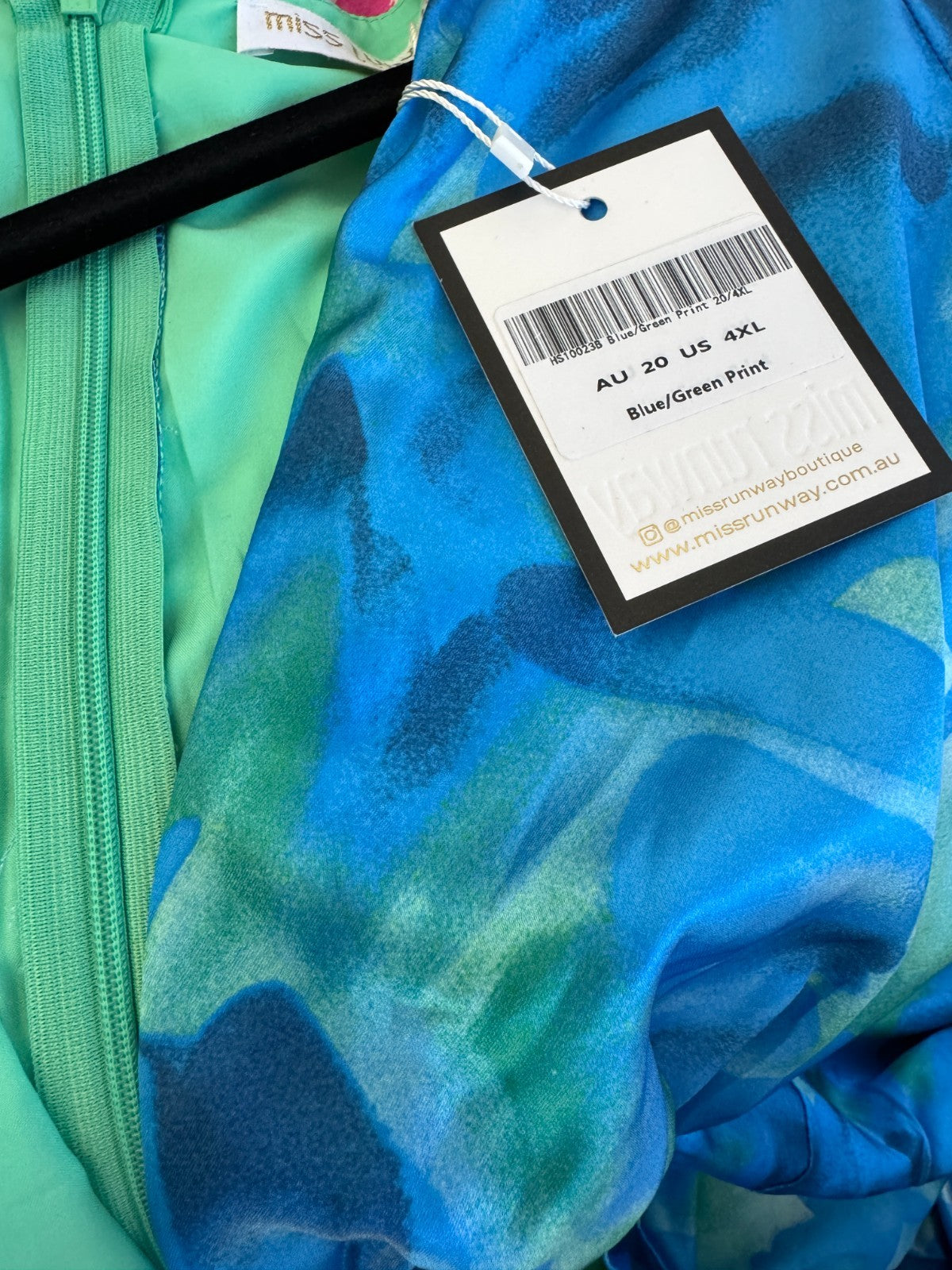 Miss Runway Kora Satin Mini Dress - Green/Blue Print - Size 20  New RRP $120