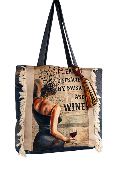 ⭐ Upcycled Denim Tote Bag “Melody & Merlot” – Handmade Eco-Friendly -NEW ⭐