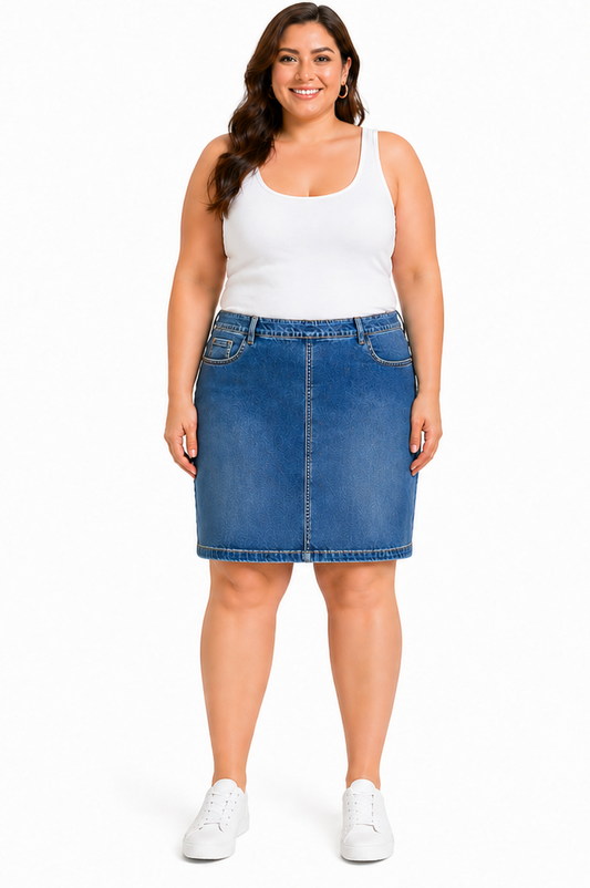 BeMe Denim Skirt Caly Size 24 Vintage Wash Pull on Stretch New with Tags RRP $80