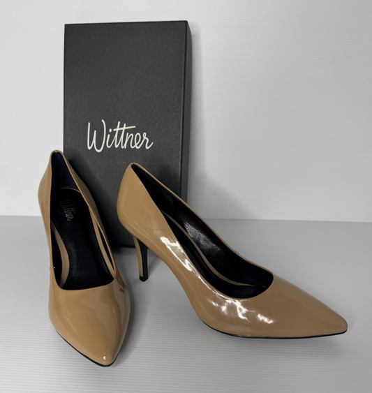 Wittner Minka Stiletto Taupe Patent 39 (AU8.5) as new perfect condition RRP $180