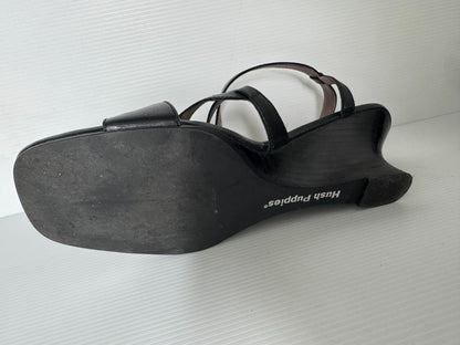 Hush Puppies Sandals Shoe Womens Size 8.5 C Black Leather Wedge Mid Heel Buckle