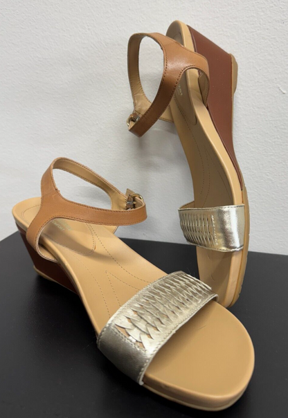 Women's Naturalizer Gold & Tan Leather Wedge Sandals size Au 10W/Eu40 NEW