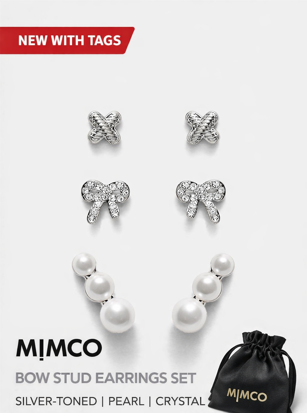MIMCO Bow Stud Earrings Set Silver Pearl Climber Logo Studs 3 Pack RRP $99.99