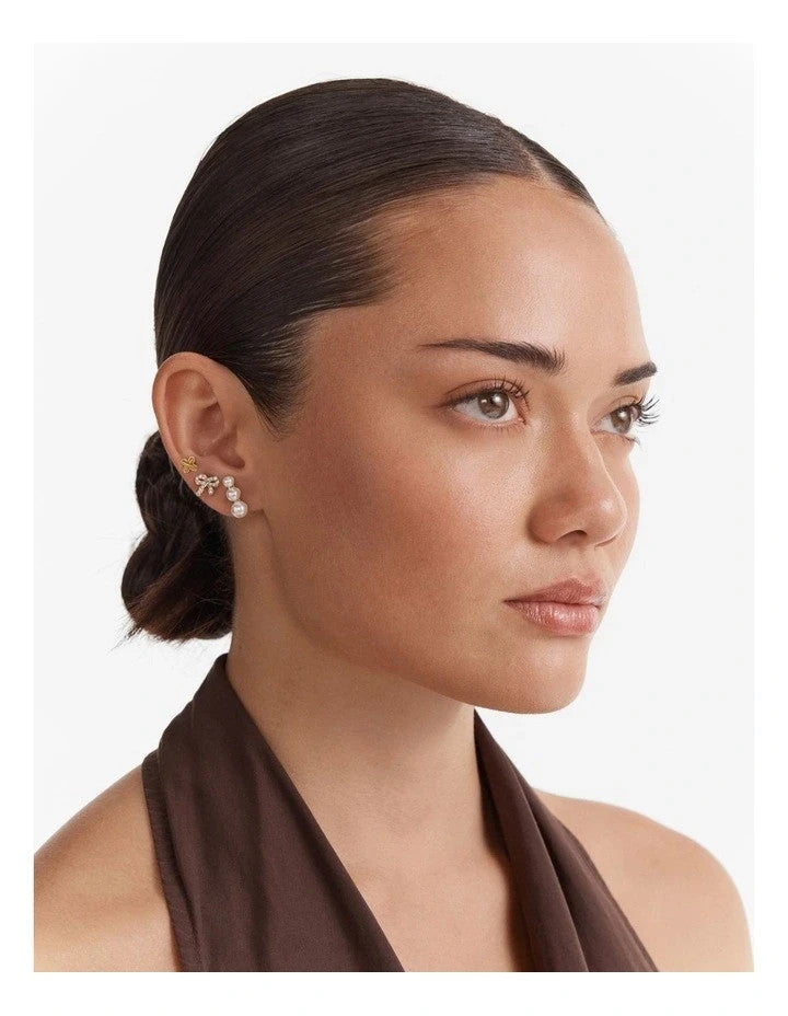 MIMCO Bow Stud Earrings Set Gold Pearl Climber Logo Studs 3 Pack RRP $99.99
