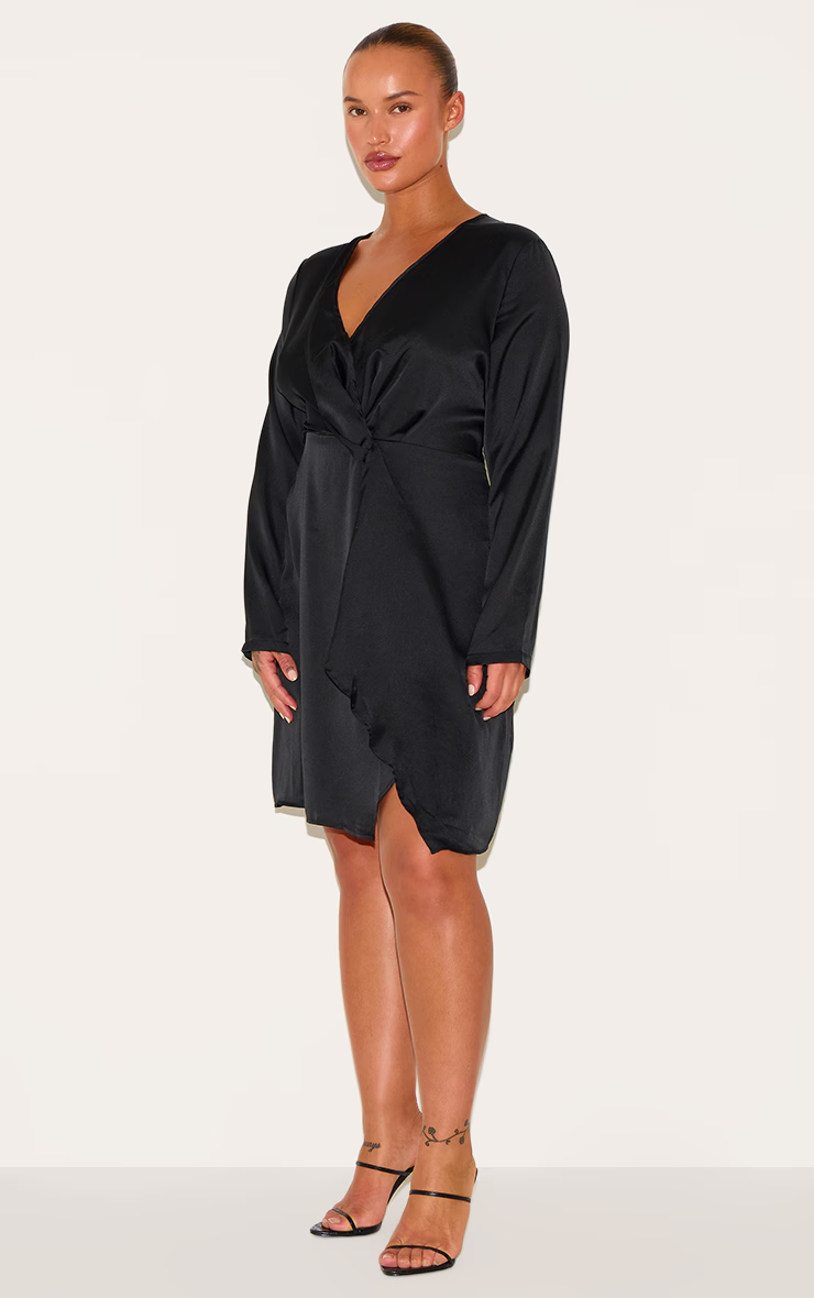 Pretty Little Thing Black Satin Long Sleeve Wrap Dress Plus Size 24 NEW RRP $100