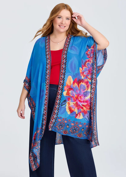Taking Shape Stunning Flower Cape/Kimono Blue Floral RRP $59.99 One Size 16-24