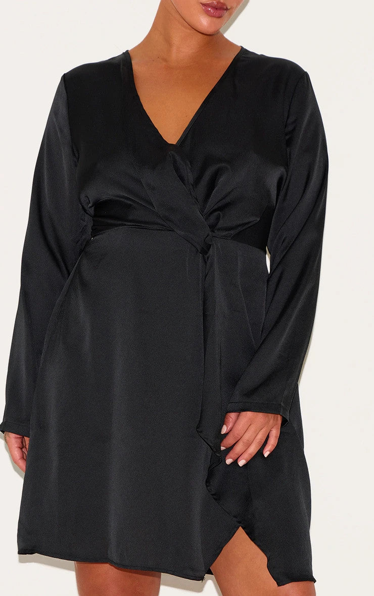 Pretty Little Thing Black Satin Long Sleeve Wrap Dress Plus Size 24 NEW RRP $100