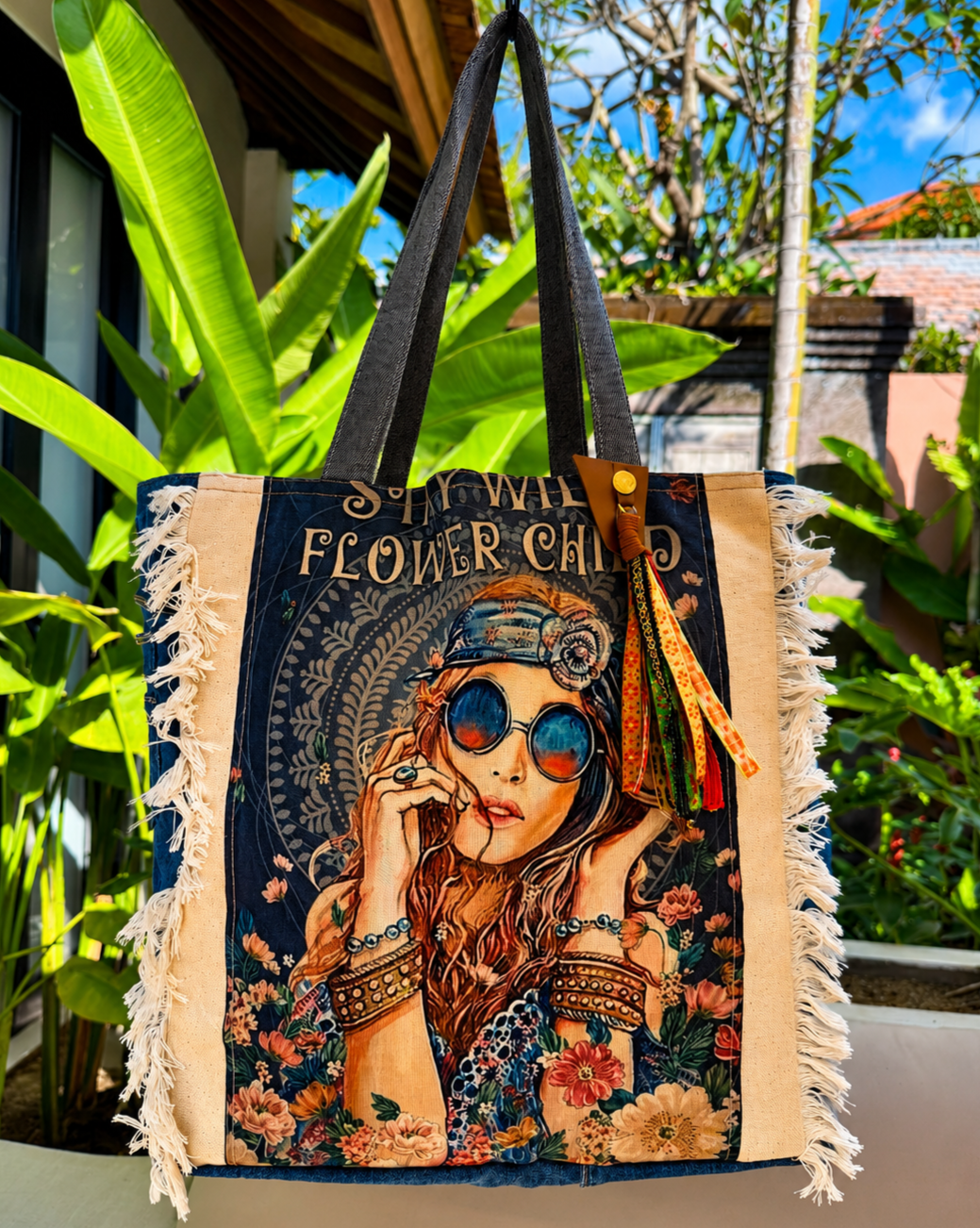 ⭐ Boho Retro “Flower Child” Upcycled Denim Tote Bag – Handmade Eco-Friendly -NEW