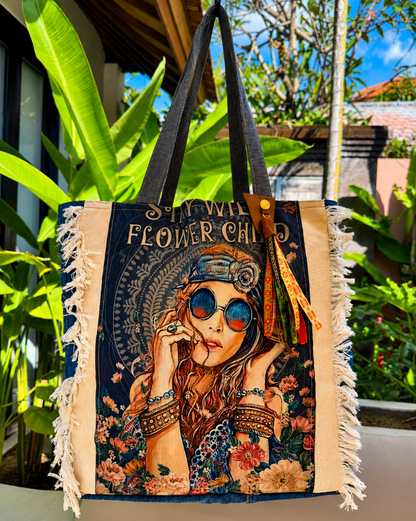 ⭐ Boho Retro “Flower Child” Upcycled Denim Tote Bag – Handmade Eco-Friendly -NEW