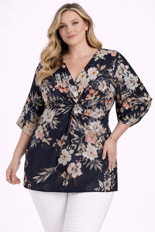 City Chic Plus Size L (20) Floral Print Twist Front Blouse Top V-Neck 🌸