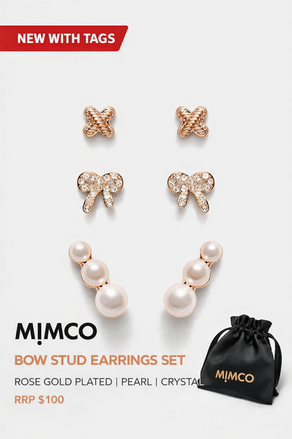 MIMCO Bow Stud Earrings Set Rose Gold Pearl Climber Logo Studs 3 Pack RRP $99.99