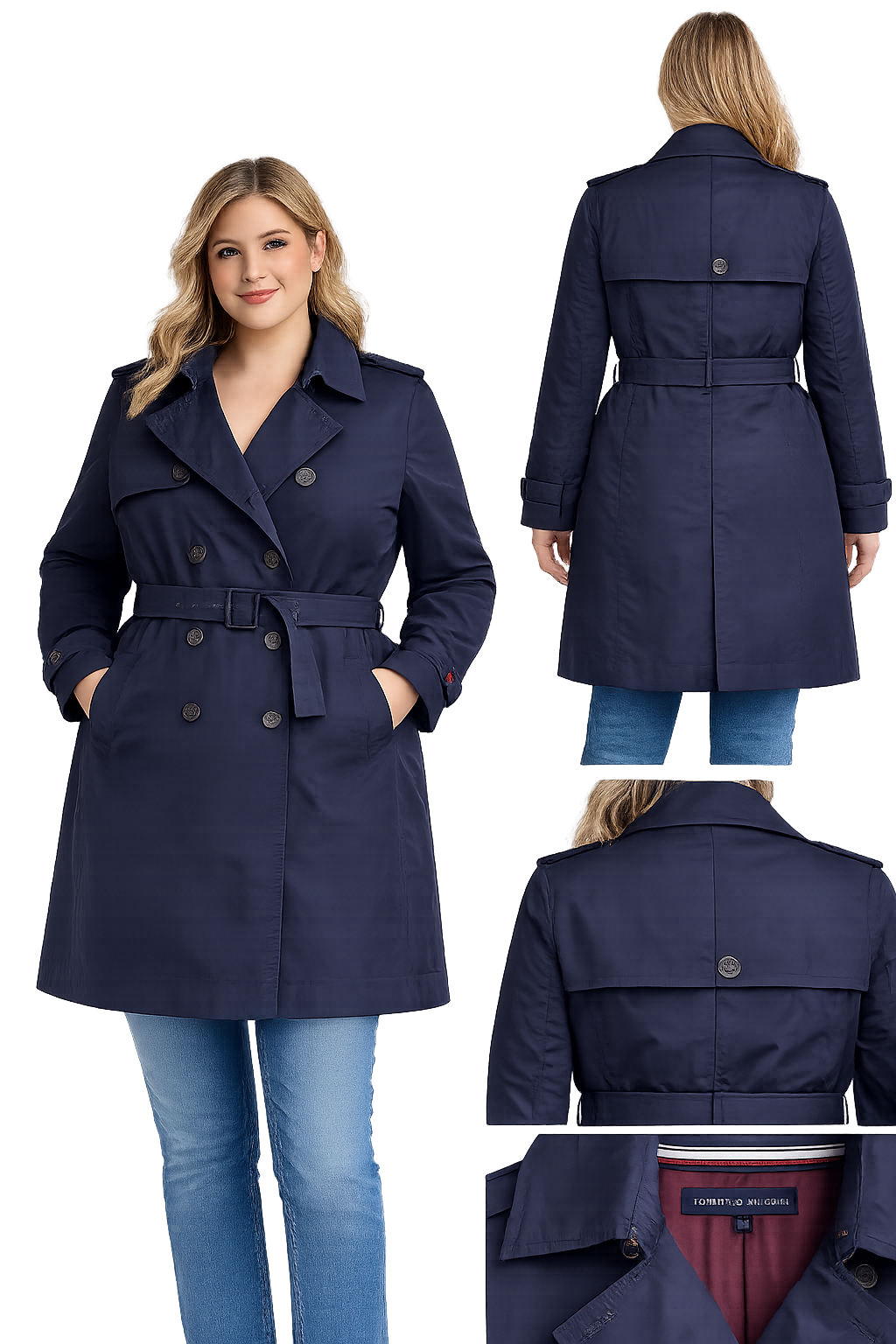 Tommy Hilfiger Navy Trench Coat Ladies XL Classic Double Breasted Belted Coat