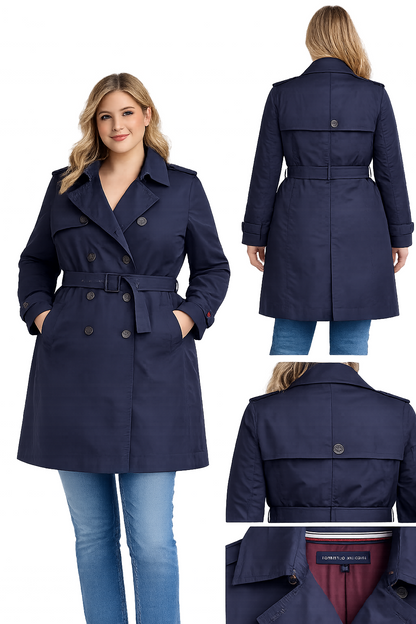 Tommy Hilfiger Navy Trench Coat Ladies XL Classic Double Breasted Belted Coat