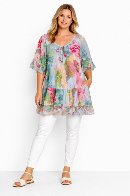 Taking Shape Dazzle Boho Lace Tunic Plus Size 12 Floral Mesh Trim Tassel Top