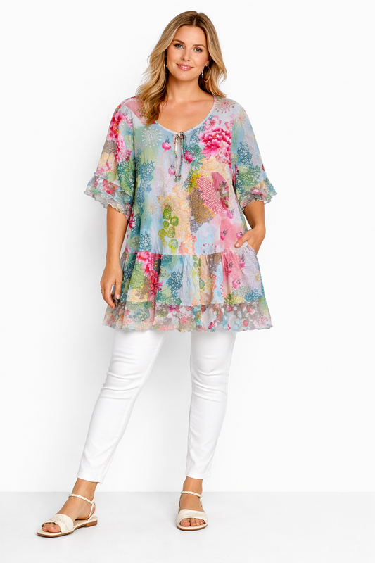 Taking Shape Dazzle Boho Lace Tunic Plus Size 12 Floral Mesh Trim Tassel Top