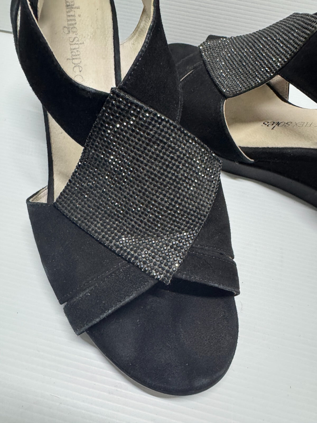 TAKING SHAPE Black Suede Wedge Peep Toe Leather Shoes Size 40 As New RRP $150