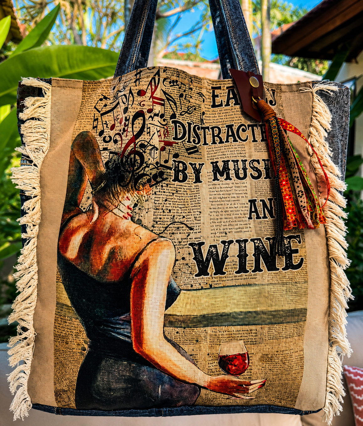 ⭐ Upcycled Denim Tote Bag “Melody & Merlot” – Handmade Eco-Friendly -NEW ⭐