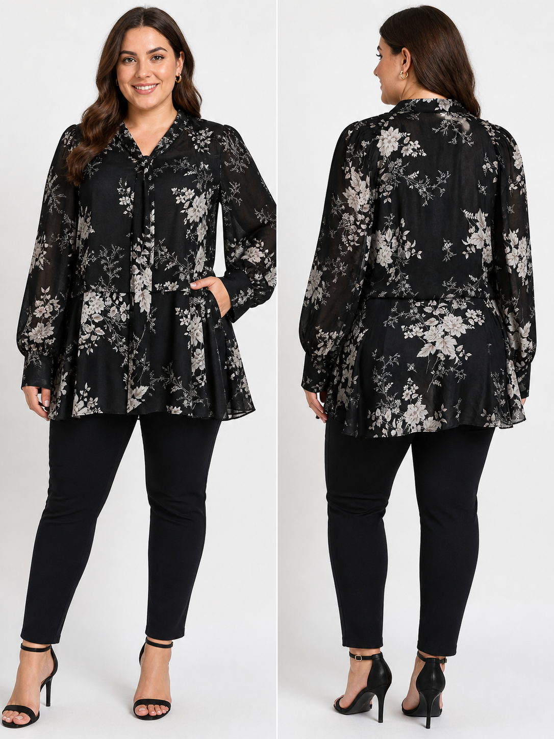 City Chic Black Floral Blouse Size S (16) Sheer Tie Neck Top Long Sleeve As New