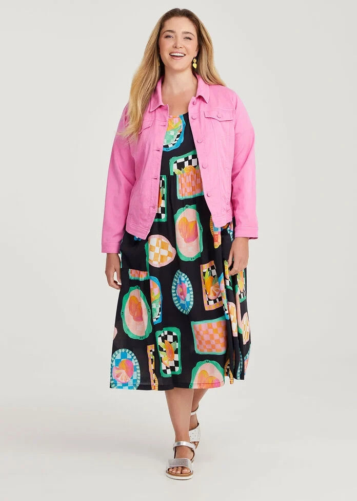 TAKING SHAPE Natural Pocket Midi Dress in Fruit Print Size 24 RRP$ 150
