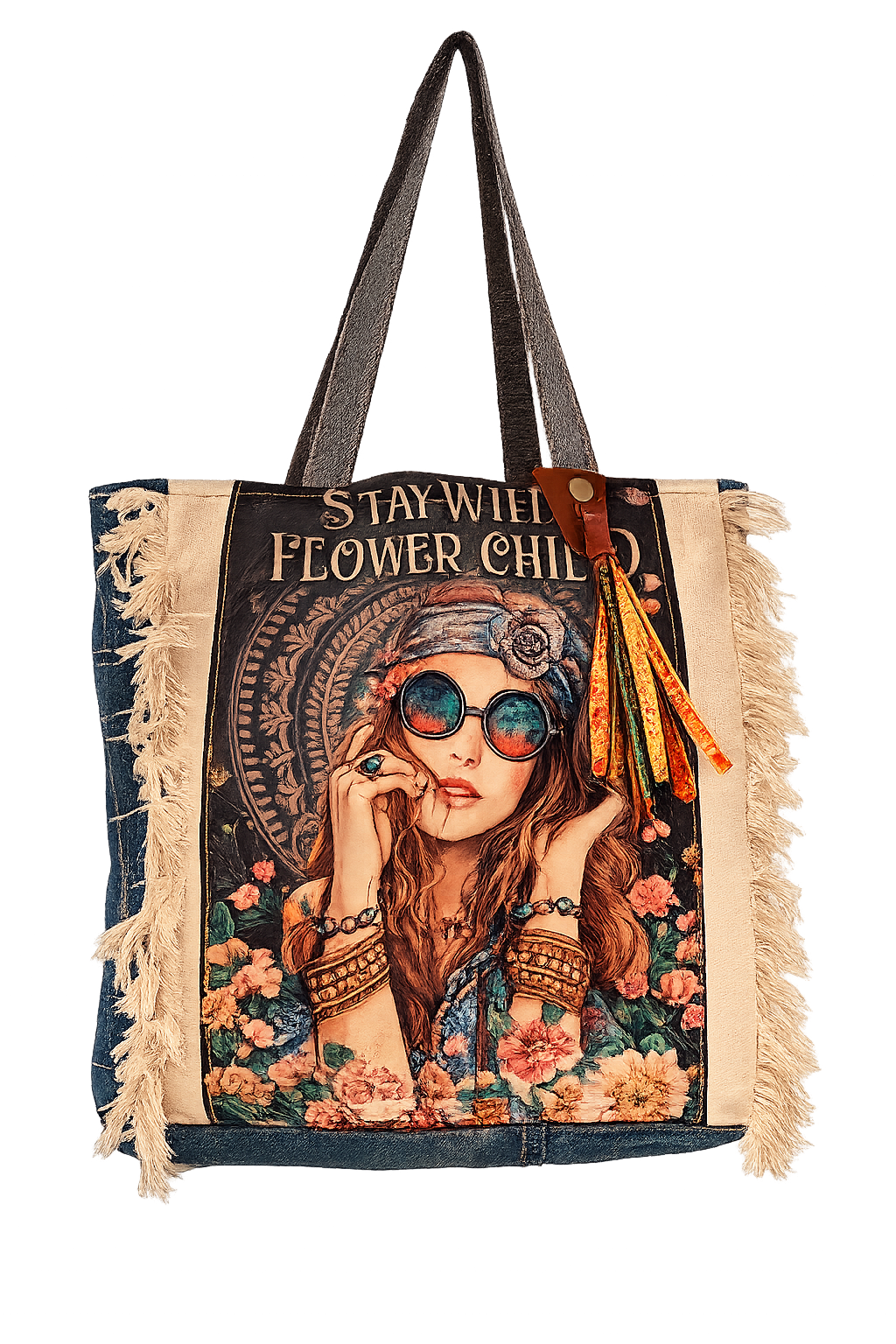 ⭐ Boho Retro “Flower Child” Upcycled Denim Tote Bag – Handmade Eco-Friendly -NEW