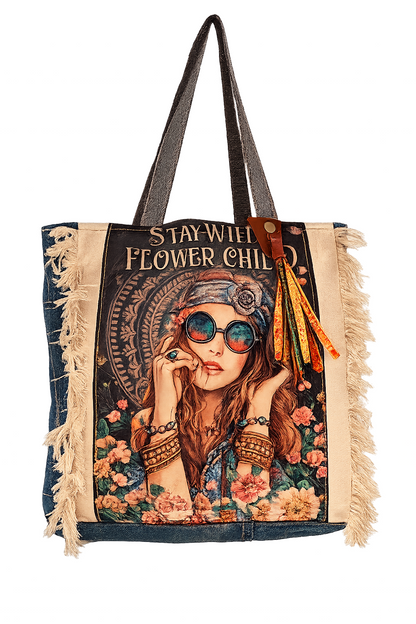 ⭐ Boho Retro “Flower Child” Upcycled Denim Tote Bag – Handmade Eco-Friendly -NEW