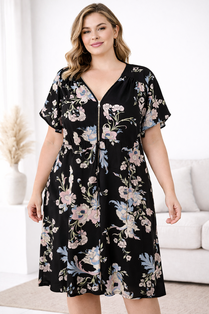 ✨ City Chic Zip Front Dress – Plus Size S 16 Black Floral | Belted | Pockets ✨