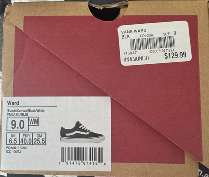 VANS WARD SUEDE/CANVAS Black White - Size 9 W - Worn Once VN0A3IUNIJU RRP $140