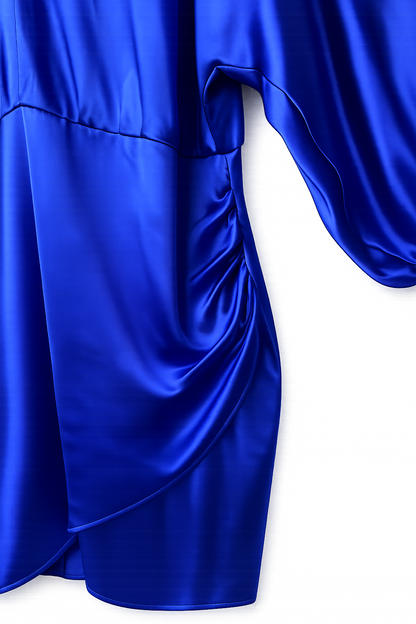 Flounce London Blue Satin Draped Mini Dress | 24 | V-Neck Wrap Style New