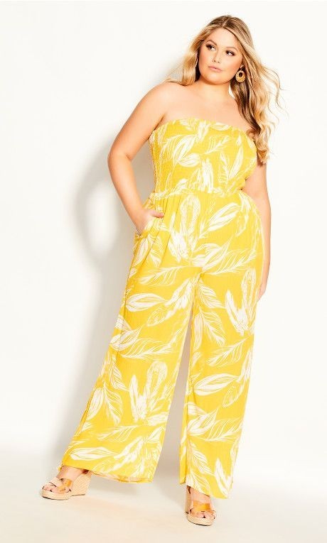 City Chic Smocked Print Jumpsuit Yellow & White Plus Size 20 (L) 🌟 RRP $140 🌟