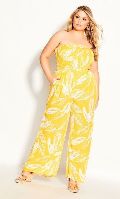 City Chic Smocked Print Jumpsuit Yellow & White Plus Size 20 (L) 🌟 RRP $140 🌟