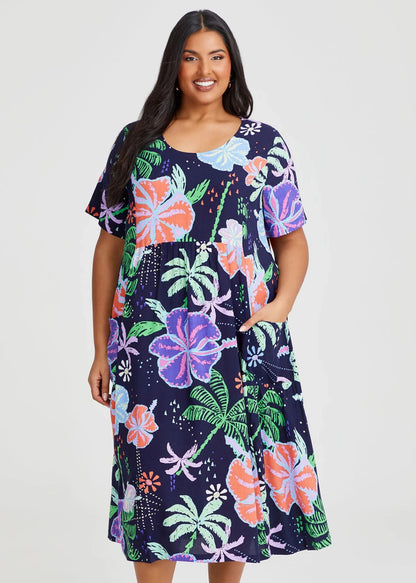 TAKING SHAPE Natural Pocket Midi Dress in Hibiscus Print Size 24 RRP$ 160