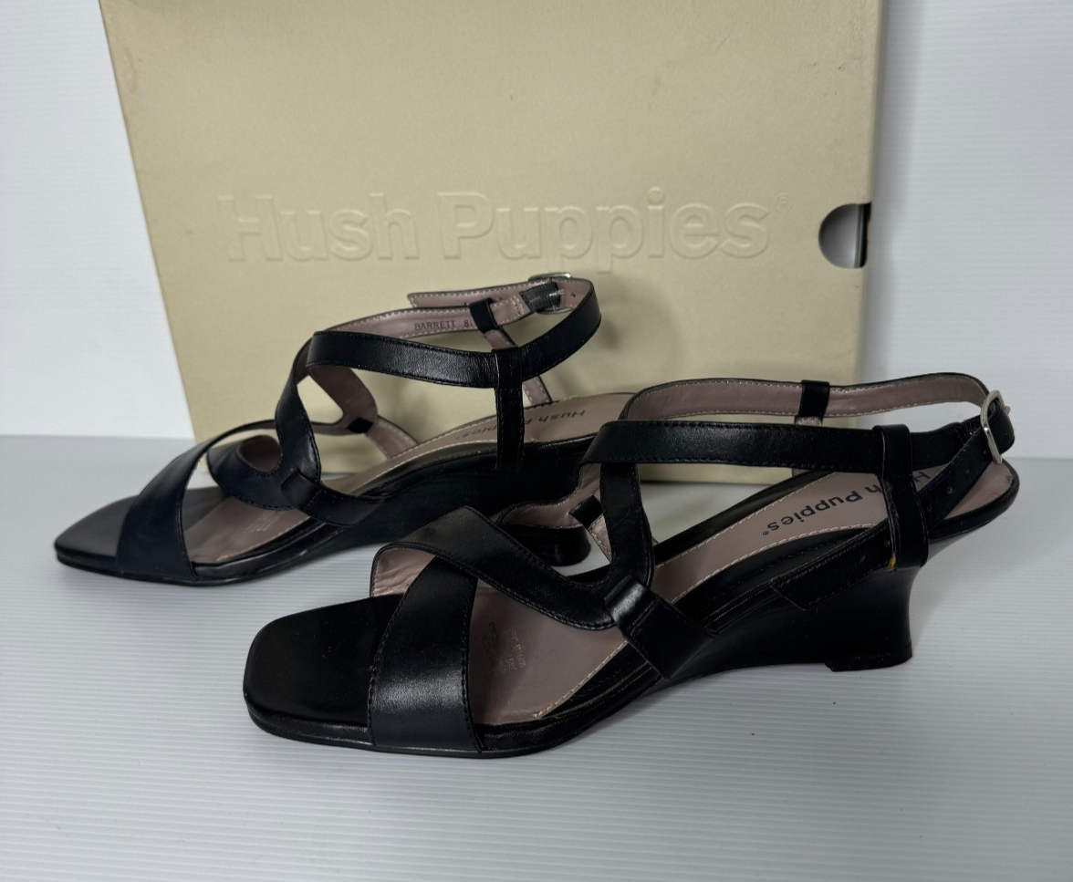 Hush Puppies Sandals Shoe Womens Size 8.5 C Black Leather Wedge Mid Heel Buckle