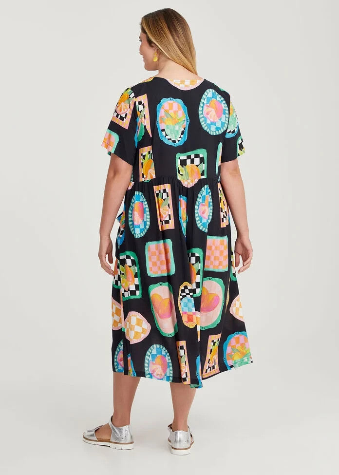 TAKING SHAPE Natural Pocket Midi Dress in Fruit Print Size 24 RRP$ 150