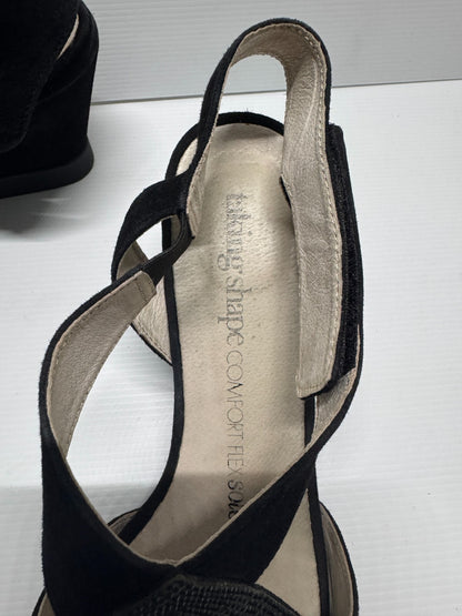 TAKING SHAPE Black Suede Wedge Peep Toe Leather Shoes Size 40 As New RRP $150