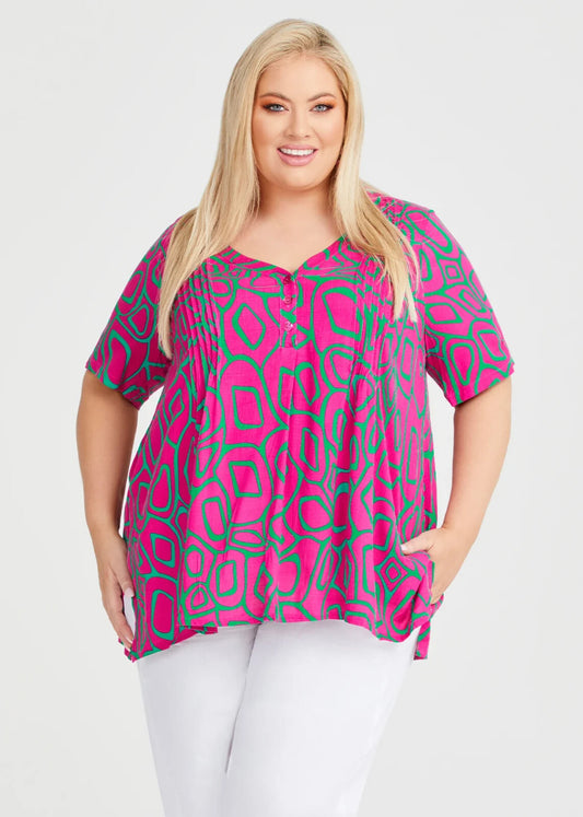 Taking Shape Pebble Tuck Natural Top Pink/Green  Plus Size 20 New/Tags RRP $130