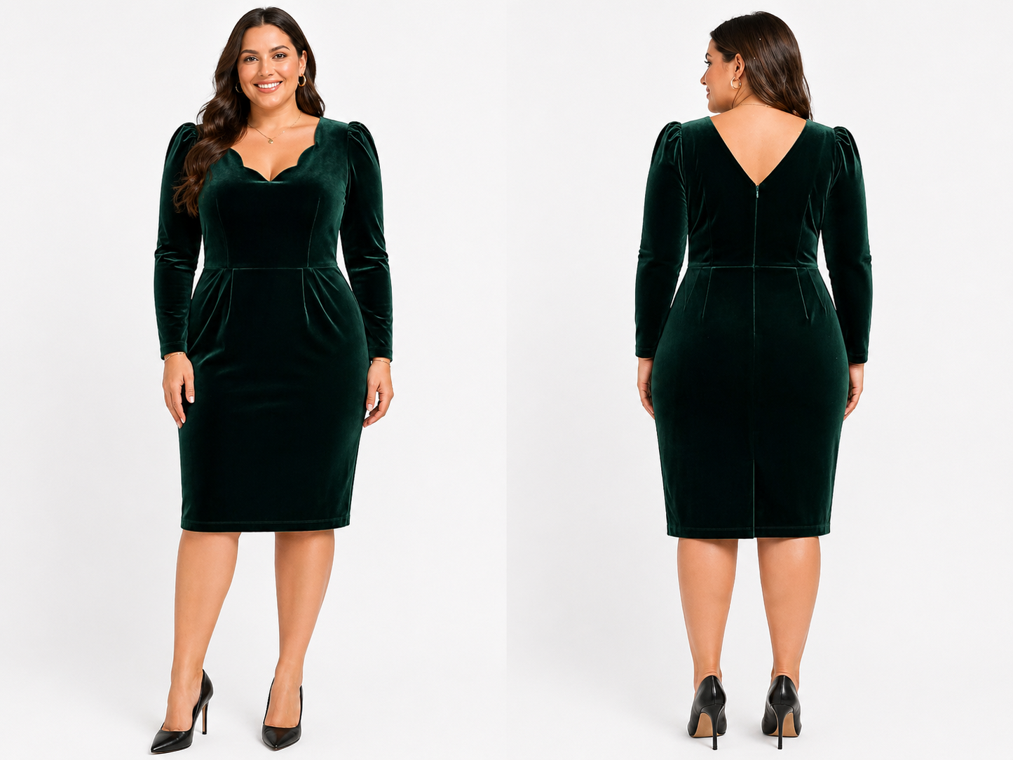 Vintage 80s Green Velvet Dress Size 14 PRINCIPLES Scalloped Neck Basque Waist