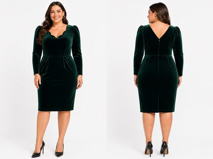 Vintage 80s Green Velvet Dress Size 14 PRINCIPLES Scalloped Neck Basque Waist
