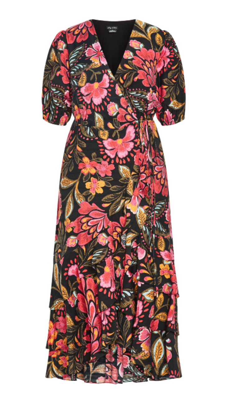 City Chic Bea Print Wrap Maxi Dress - Black/Red/Pink Plus ❤️ Size 18 ❤️ RRP $150