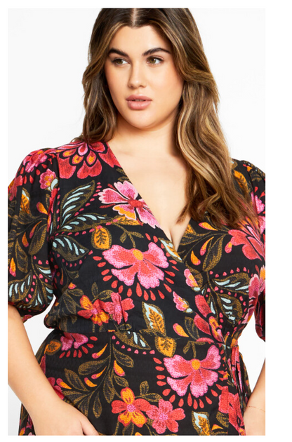 City Chic Bea Print Wrap Maxi Dress - Black/Red/Pink Plus ❤️ Size 18 ❤️ RRP $150