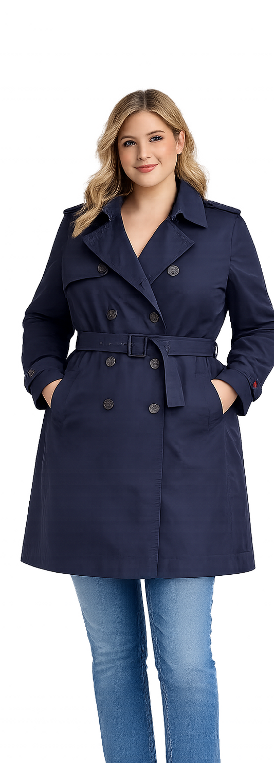 Tommy Hilfiger Navy Trench Coat Ladies XL Classic Double Breasted Belted Coat