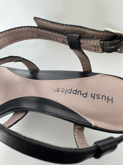 Hush Puppies Sandals Shoe Womens Size 8.5 C Black Leather Wedge Mid Heel Buckle
