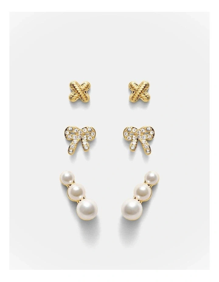 MIMCO Bow Stud Earrings Set Gold Pearl Climber Logo Studs 3 Pack RRP $99.99